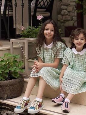 Self-Portrait Girls' Mint Green Eyelet Lace Dress with White Collar